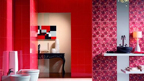 Красная ванная комната: дизайн, фото плитки на пол